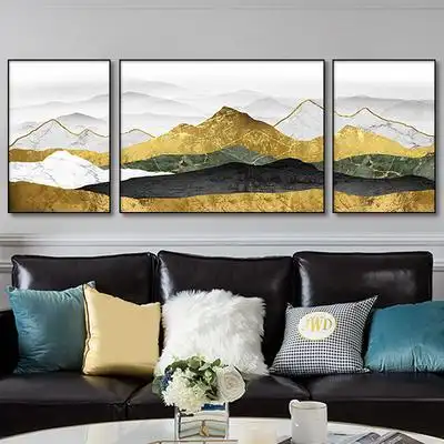 山水靠山客厅沙发背景墙大气招财风水三联壁画现代装饰画