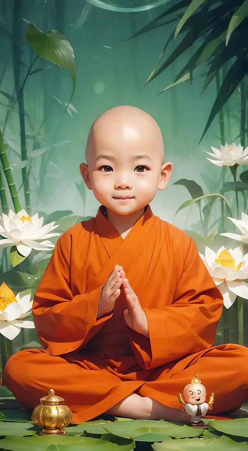 4岁小和尚双手合十打坐,大眼睛,可爱圆脸,头上有光,背景是竹 - 抖音