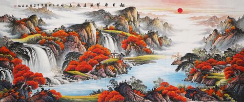 八尺国画山水画纯手绘办公室靠山招财风水大气装饰画秦喜聪00019