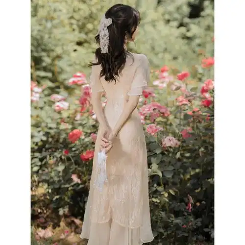 年轻改良版少女甜美中国风修身气质仙法式复古旗袍温柔连衣裙连衣裙