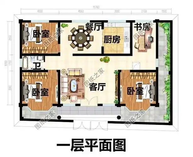 层户型:客厅,卧室x3,书房,厨房,餐厅,卫生间; 款式二:农村一层带小院