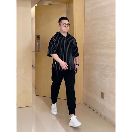 铁人大哥显瘦穿搭夏季短袖t恤男条纹连帽半袖体恤宽松大码胖子