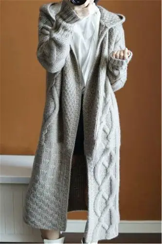 2019秋冬新款女连帽加厚针织开衫长款大衣毛衣外套宽松百搭