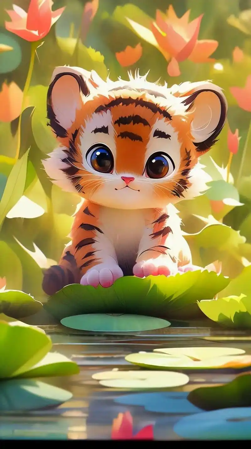 夏日荷花池里的小老虎#插画 #卡通 #治愈系 #老虎 #壁纸 - 抖音