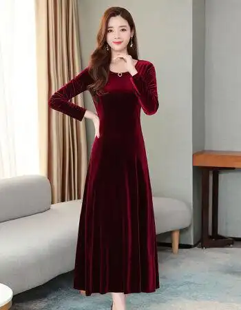 秋冬新款金丝绒连衣裙女长袖修身长款气质名媛晚礼服过膝长裙sn6200酒