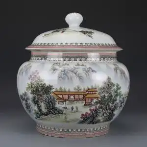 景德镇瓷器仿古瓷器山水人家盖罐包老瓷器旧货老货古董古玩收藏
