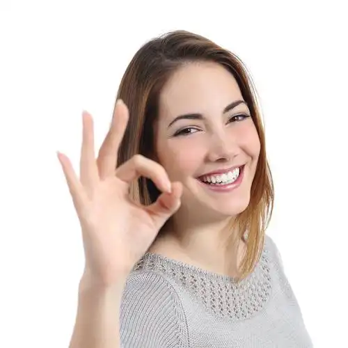 特写,高兴,女人,完美,微笑,手势