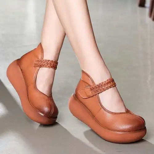 民族风真皮编织单鞋坡牛皮厚底松糕春秋女士皮鞋单鞋