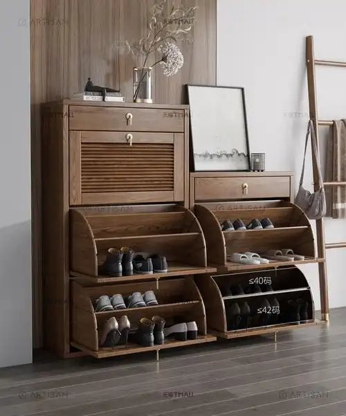 门口鞋柜全实木北欧轻奢复古玄关家用白蜡木超薄翻斗收纳柜子