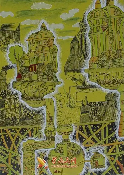 画赏析未来世界二等奖小学生科幻画作品《漫游未来》(1)首页 儿童画
