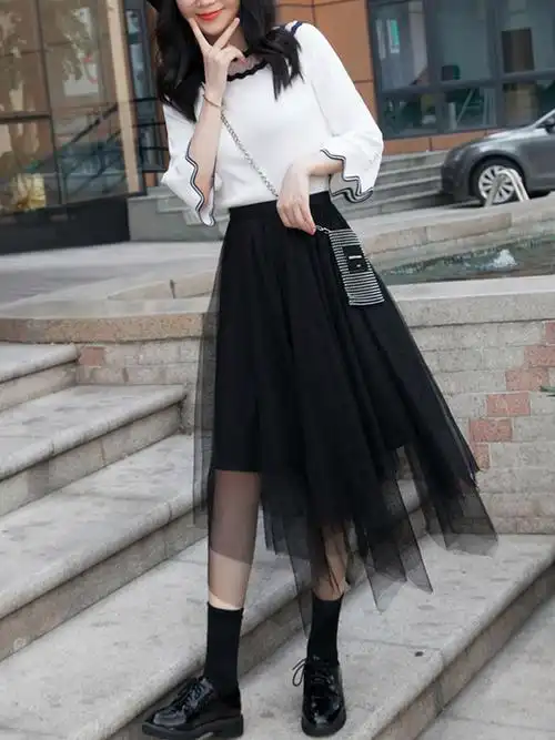 黑色纱裙半身裙不规则