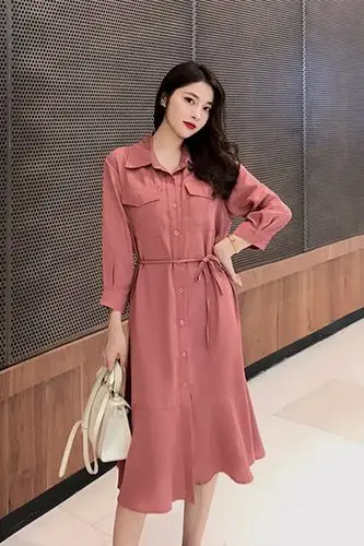 2020春夏新款长袖衬衫连衣裙女中长款系带衬衣长裙鱼尾裙显瘦