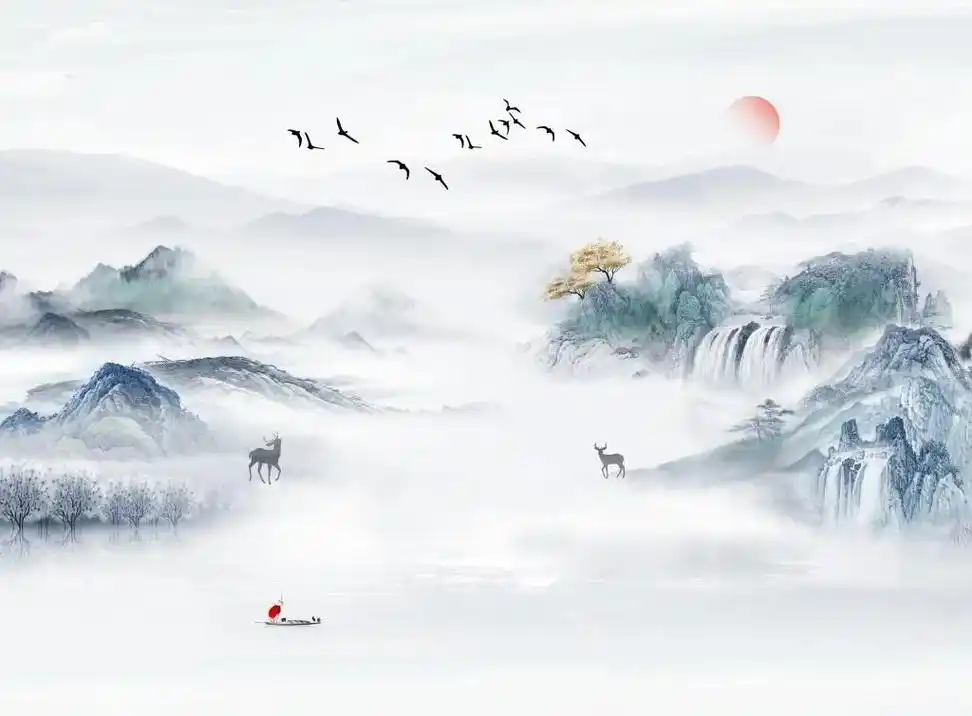 背景墙中式山水画无缝一整张壁画布老房改造的首选 #餐厅壁画装修效果