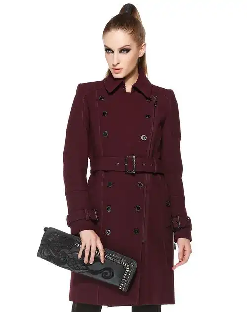 暗红色翻领优雅双排扣长袖大衣