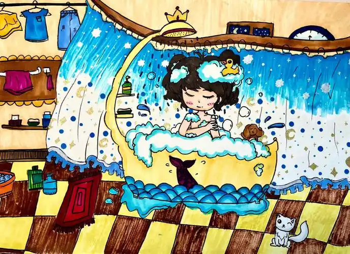 二年级美术丨下册丨洗澡学生作品