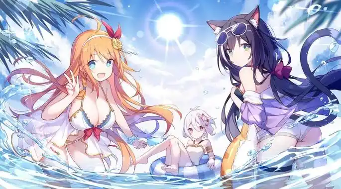 redive》泳衣,游泳,水,唯美,女孩,兽耳,太阳,树叶,游泳圈,4k高清动漫