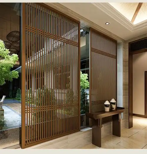 闽宝新中式木格栅镂空实木屏风隔断墙装饰客厅玄关小户型入户木座屏黑