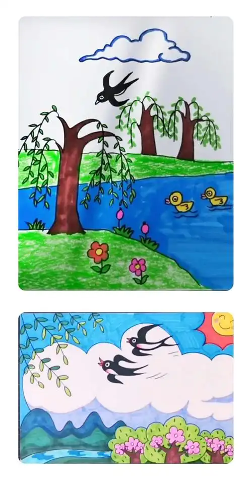 写美篇指导要点: 1,爸爸妈妈提供多种春天的图画让幼儿欣赏