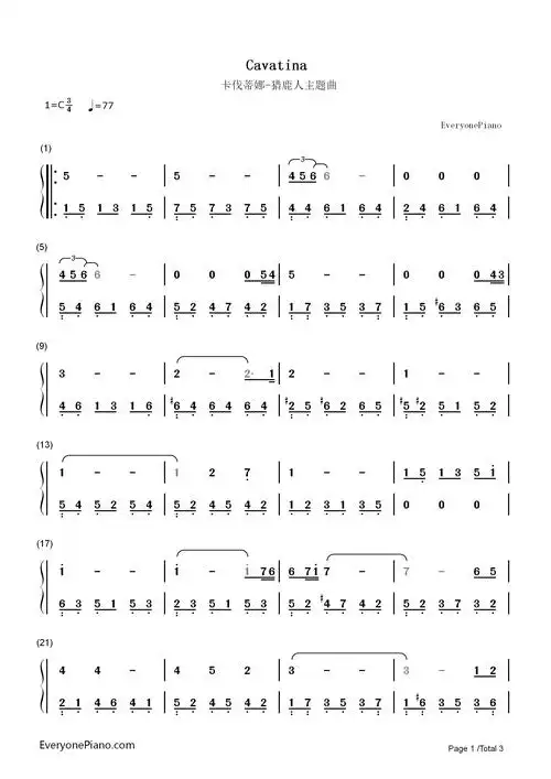 cavatina-卡伐蒂娜-猎鹿人主题曲双手简谱预览1