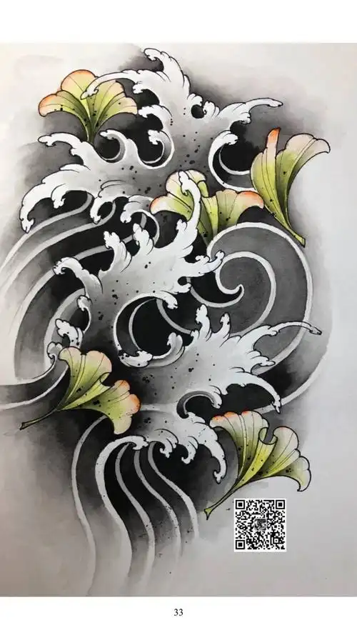 浪花手稿纹身图片新传统老传统纹身图案