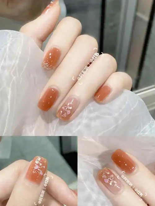 微光甜橘夏日清透渐变南瓜色银箔贝壳美甲