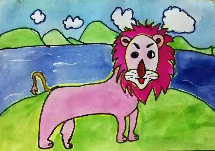 光秃秃的狮子春天动物绘画作品展示_儿童画春天 - 5068儿童网