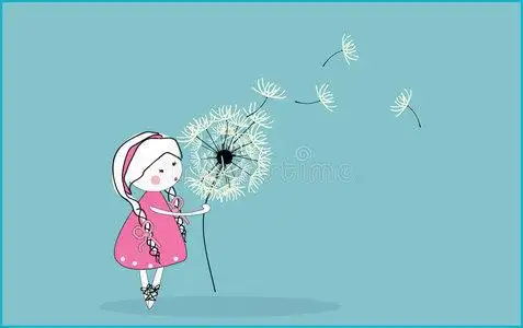 脆弱的牛市吹蒲公英的女孩照片