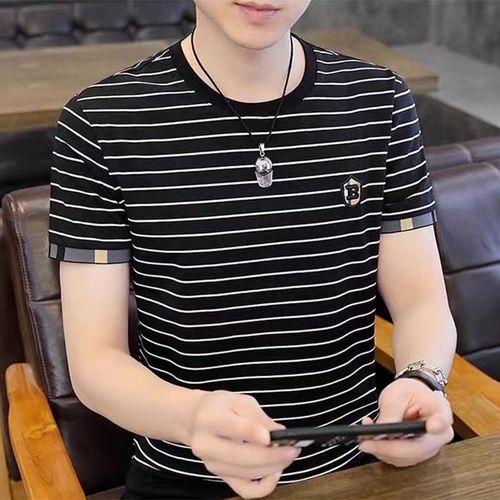 2024年夏季新款刺绣冰爽男士短袖t恤青年高档时尚修身圆领条纹t恤