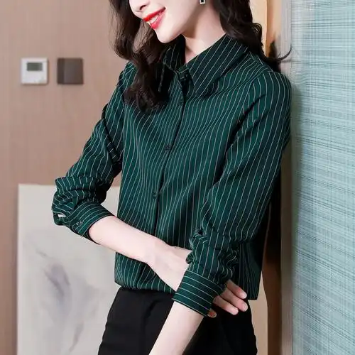 华哥弟情真丝免烫衬衫女长袖防邹ol通勤职业条纹防走光短袖衬衣女