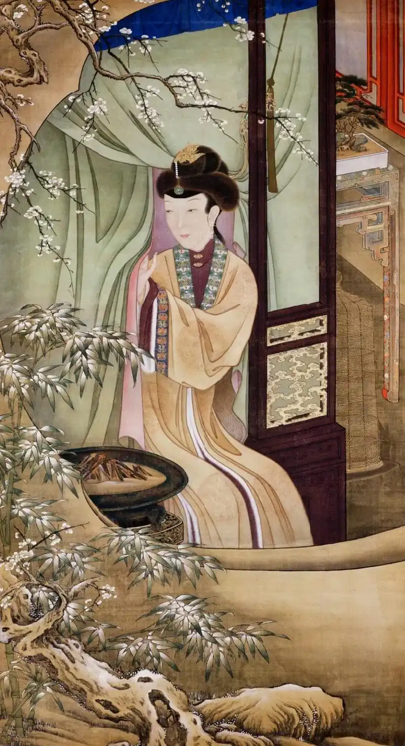 雍正十二美人图(烘炉观雪)清代  佚名  烘炉观雪  绢本  - 抖音
