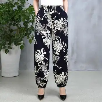中老年妈妈夏天穿的大花裤中年妇女休闲裤女9分长裤大妈40-50岁宽松9