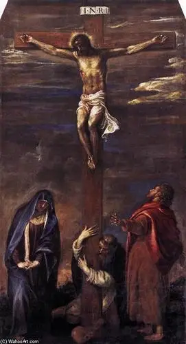 "耶稣被钉十字架", 油画 通过 tiziano vecellio (titian) (1489-1576