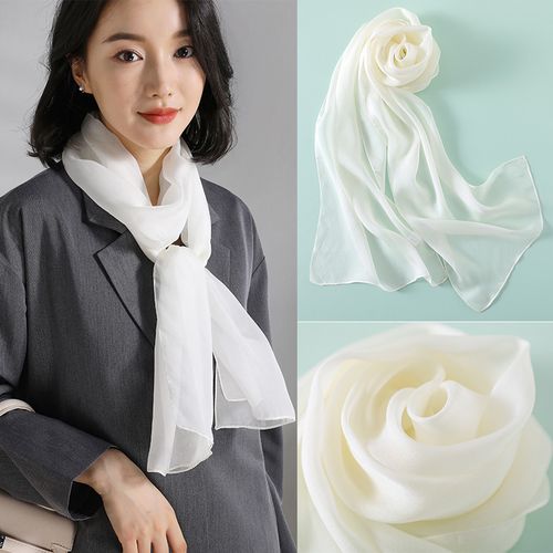白色真丝长款窄丝巾小长条女春秋薄款洋气时尚桑蚕丝围巾纱巾夏季
