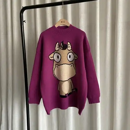 可爱大眼萌牛毛衣套头圆领中长卡通毛衣