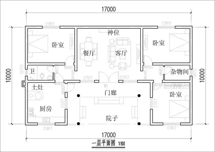 农村一层小型三合院设计图纸,带庭院设计-建房圈