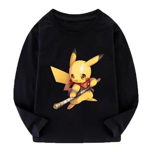 皮卡丘男童长袖t恤纯棉春秋t恤上衣大童秋装黄色童装儿童打底衫红倒立