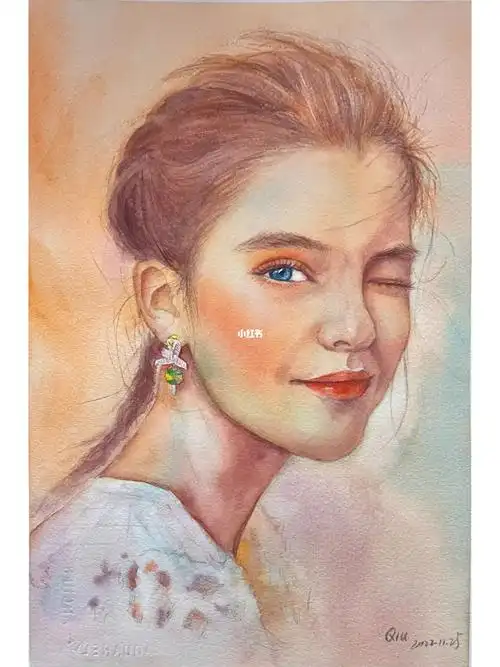 水彩暖橘光下的微笑女孩附过程图