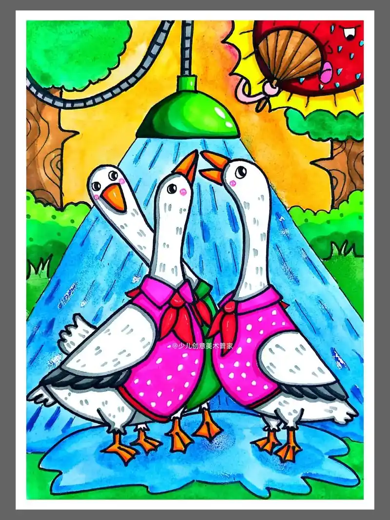 《爱洗澡的小鸭子》马克笔儿童画|水彩画|7-8岁|美术课件# - 抖音