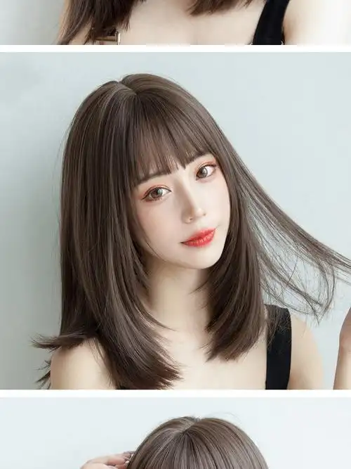 【时尚刘海】可爱齐肩中长直发空气齐刘海女冷棕内扣锁骨短发