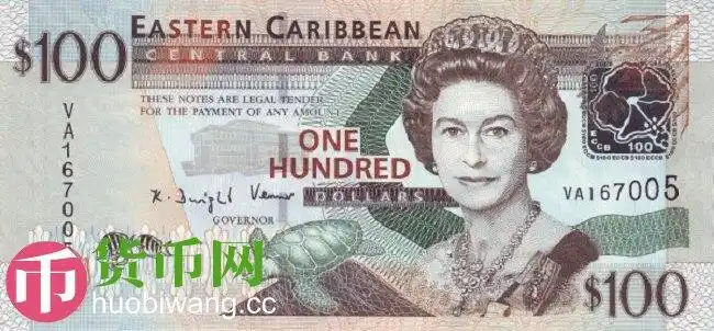 100东加勒比元 纸币 正面 英国女王伊丽莎白二世,绿喉蜂鸟,海龟