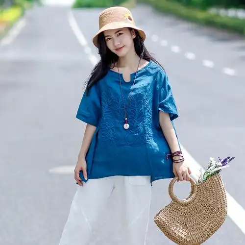 棉麻短袖t恤女宽松2018夏装新款半袖百搭亚麻衬衫女上衣小衫圆领