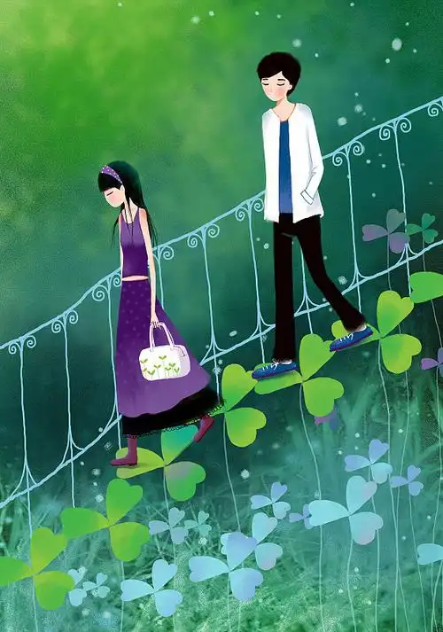 唯美浪漫情侣时尚插画系列-下楼梯的男孩女孩图片下载