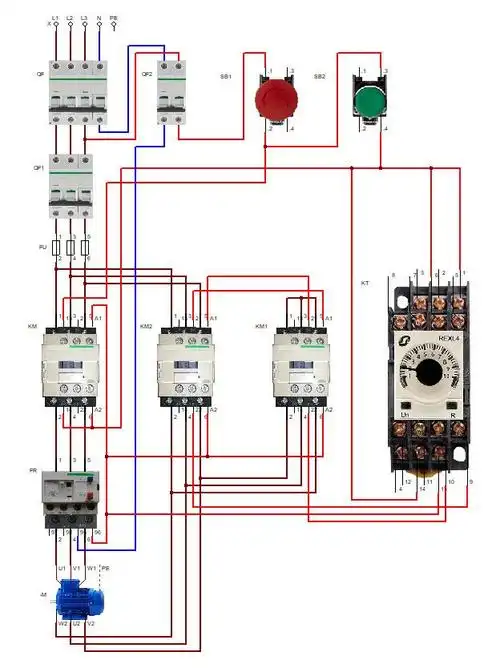 按下起动按钮sb2,电机星形连接起动(220v),电机运转10秒后,电机三角形