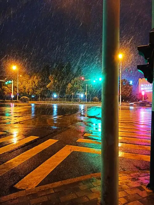 城市,夜晚,下雪,红绿灯,岔路口