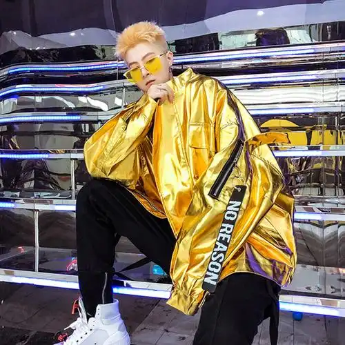 潮男骚气亮面皮衣外套宽松立领pu皮夹克夜店dj酒吧舞台装演出衣服