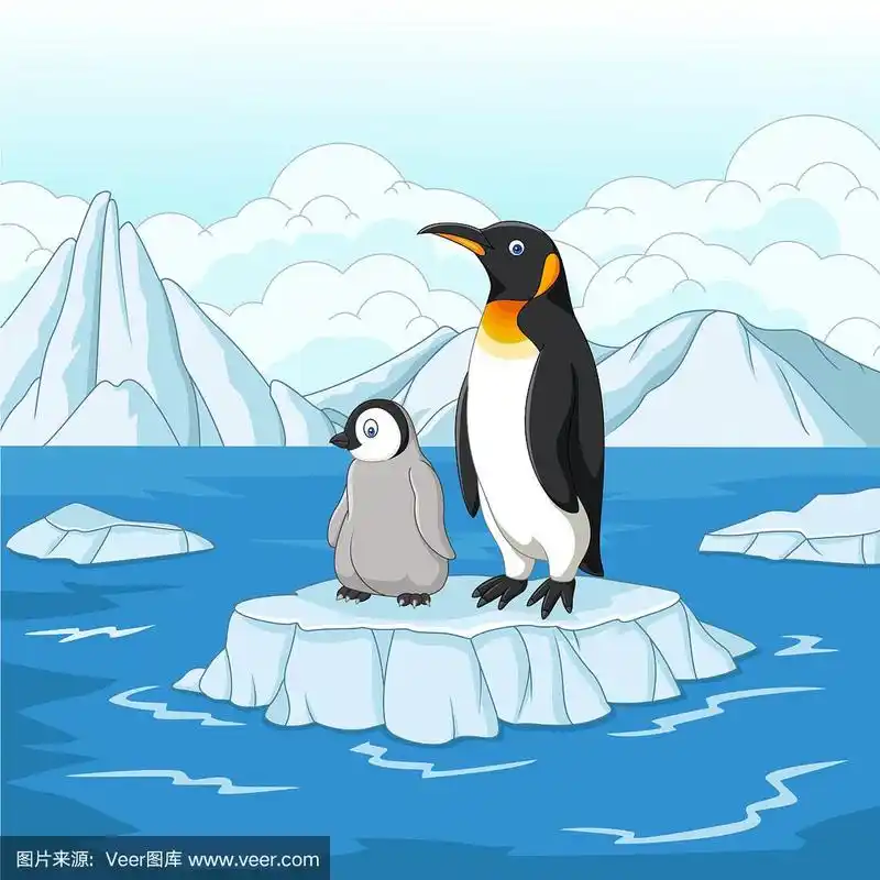 卡通企鹅妈妈和小企鹅在浮冰上