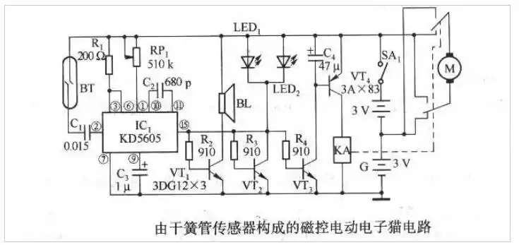 干簧管传感器构成的磁控电动电子猫电路