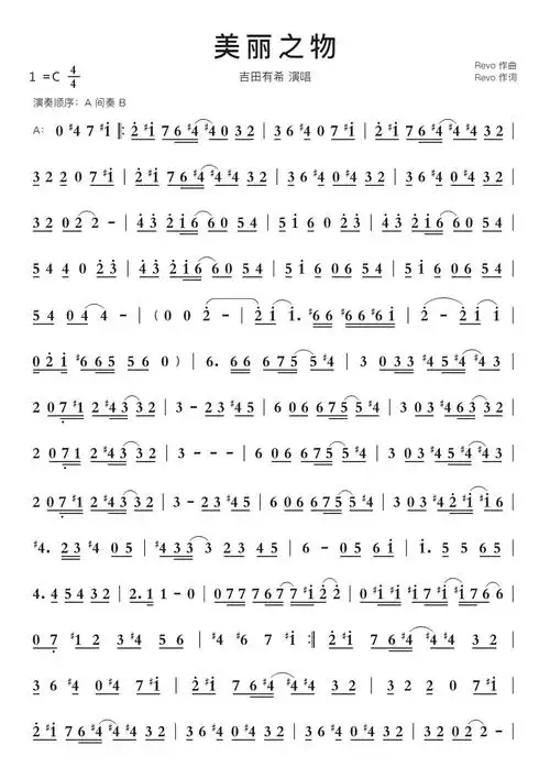 美丽之物智能简谱吉田有希 演唱-苍强曲谱