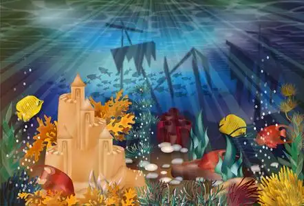 水下壁纸与船和沙子城堡, 矢量例证照片