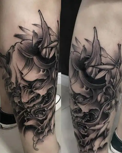 小腿般若 黑灰作品纹身图片_腿部新传统纹身图案